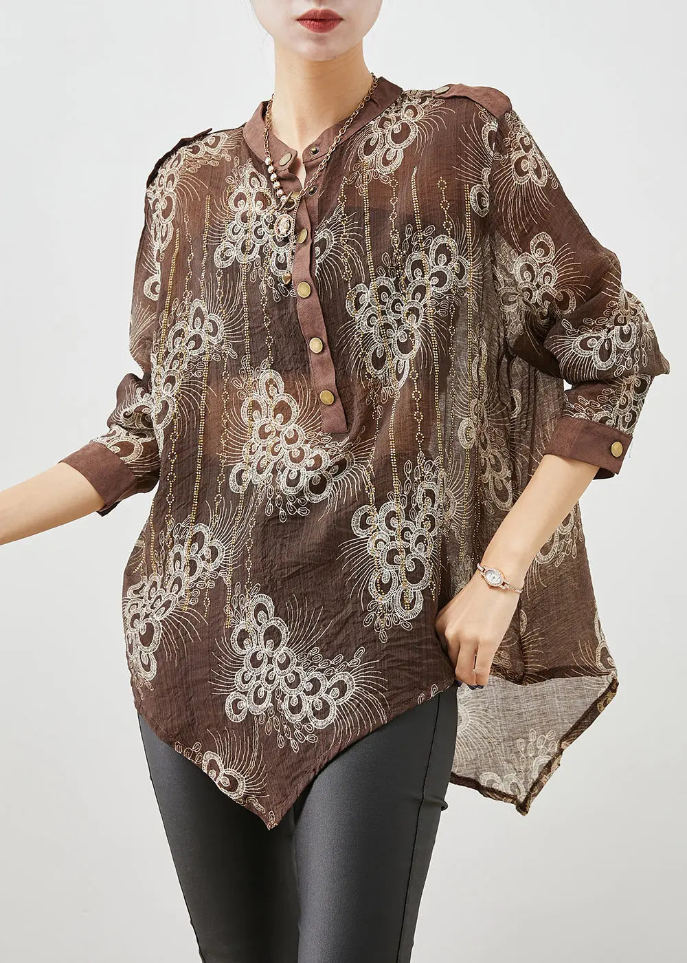 Coffee Print Cotton Shirt Top Asymmetrical Fall Ada Fashion