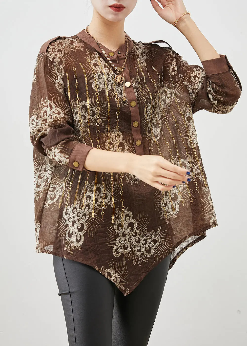 Coffee Print Cotton Shirt Top Asymmetrical Fall Ada Fashion