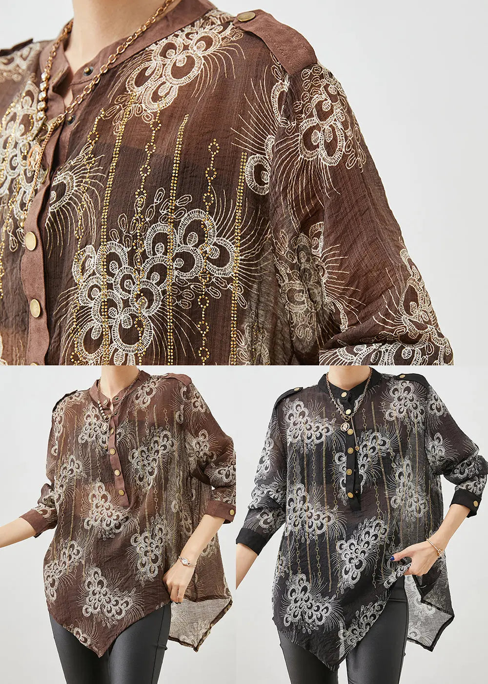 Coffee Print Cotton Shirt Top Asymmetrical Fall Ada Fashion