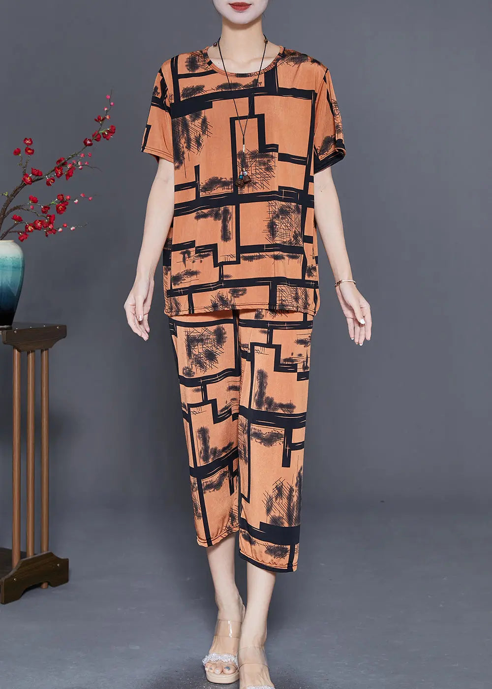 Coffee Print Ice Silk Two Pieces Set Oversized Summer Ada Fashion