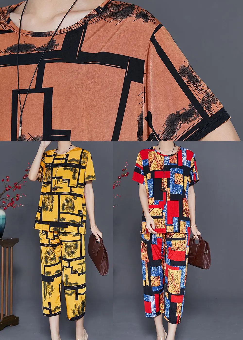 Coffee Print Ice Silk Two Pieces Set Oversized Summer Ada Fashion
