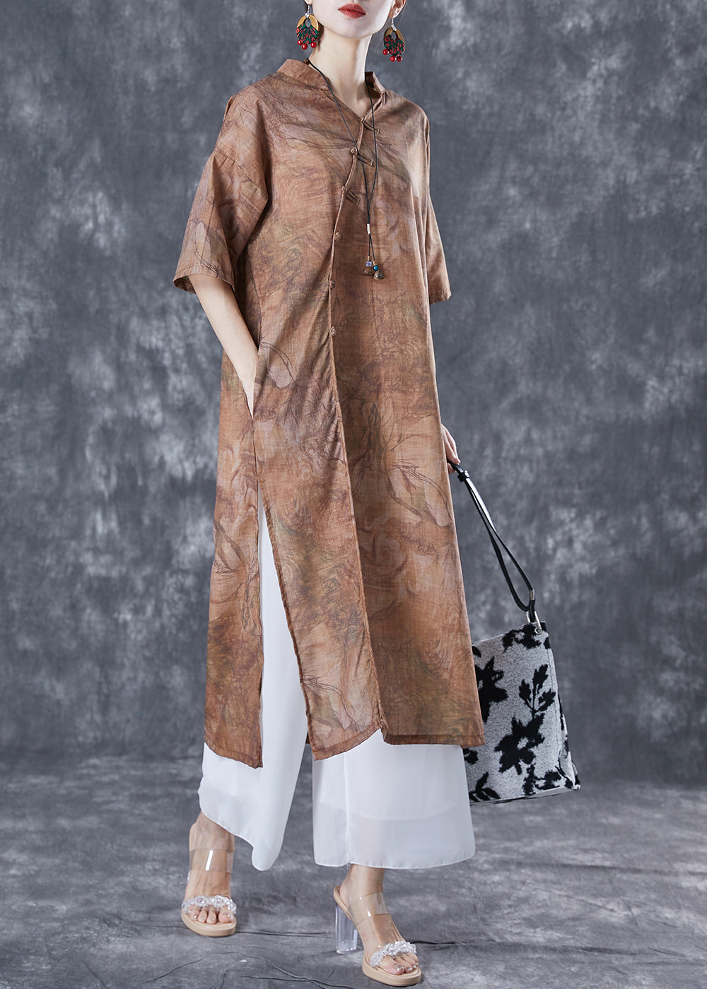 Coffee Print Oriental Linen Long Dresses V Neck Side Open Summer TA1053 - fabuloryshop