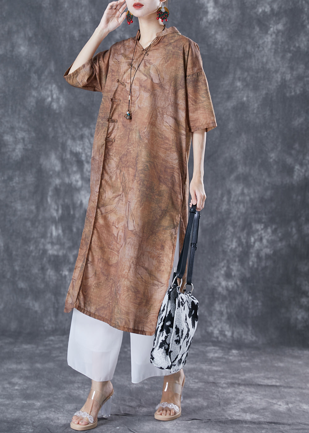 Coffee Print Oriental Linen Long Dresses V Neck Side Open Summer TA1053 - fabuloryshop