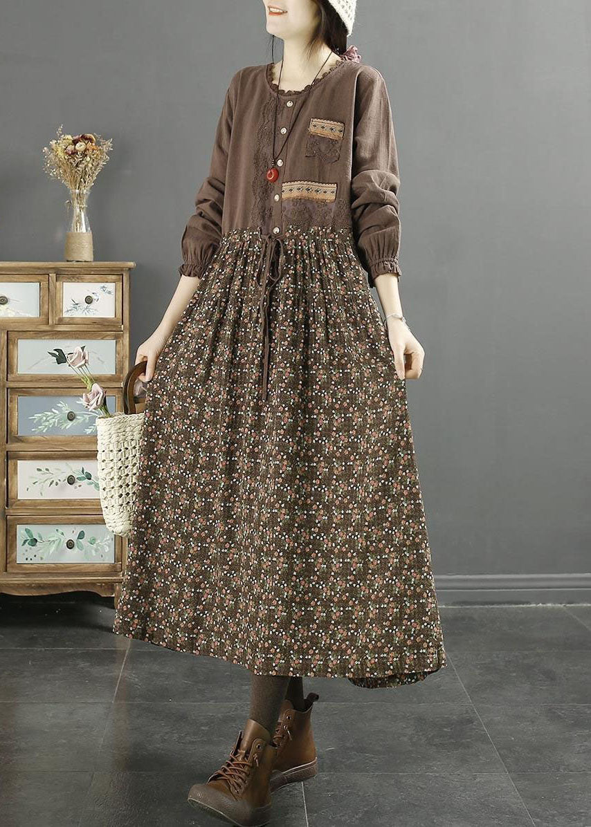 Coffee Print Patchwork Cotton Long Dress Drawstring O Neck Lace Spring LY2548 - fabuloryshop