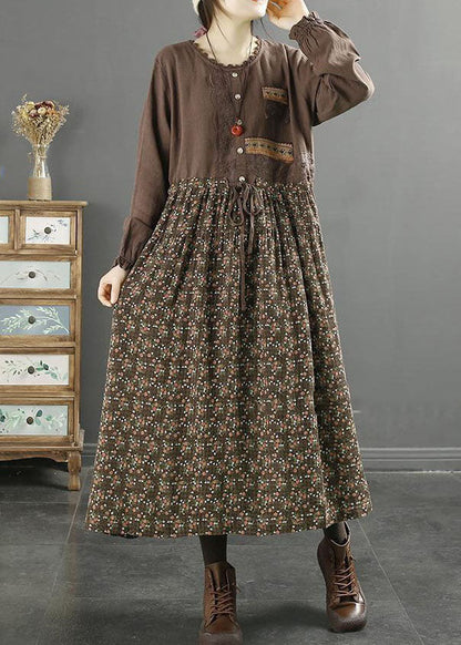 Coffee Print Patchwork Cotton Long Dress Drawstring O Neck Lace Spring LY2548 - fabuloryshop