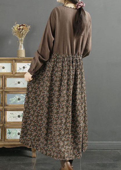 Coffee Print Patchwork Cotton Long Dress Drawstring O Neck Lace Spring LY2548 - fabuloryshop