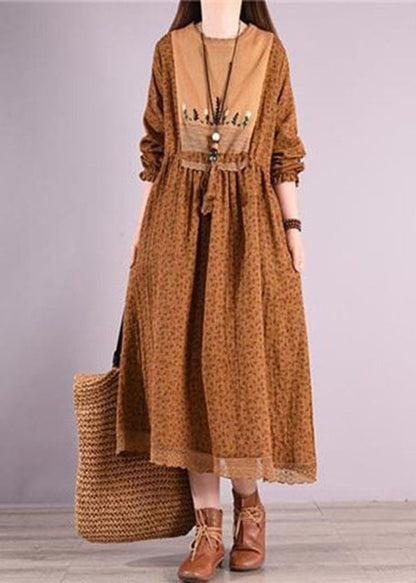 Coffee Print Patchwork Linen Dresses O Neck Elastic Waist Long Sleeve LY2520 - fabuloryshop