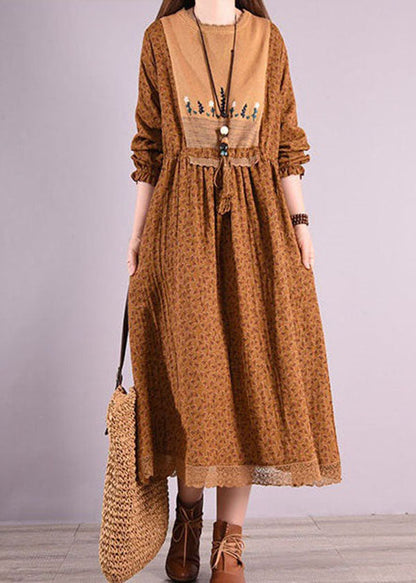 Coffee Print Patchwork Linen Dresses O Neck Elastic Waist Long Sleeve LY2520 - fabuloryshop