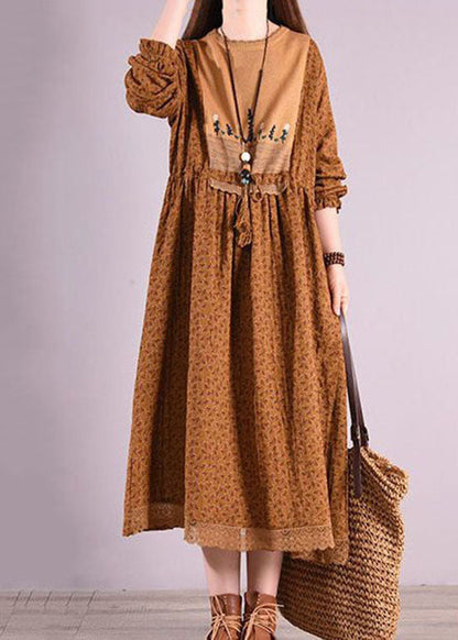 Coffee Print Patchwork Linen Dresses O Neck Elastic Waist Long Sleeve LY2520 - fabuloryshop