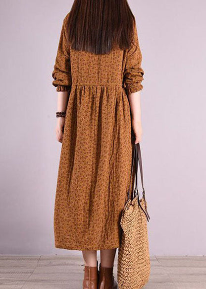 Coffee Print Patchwork Linen Dresses O Neck Elastic Waist Long Sleeve LY2520 - fabuloryshop