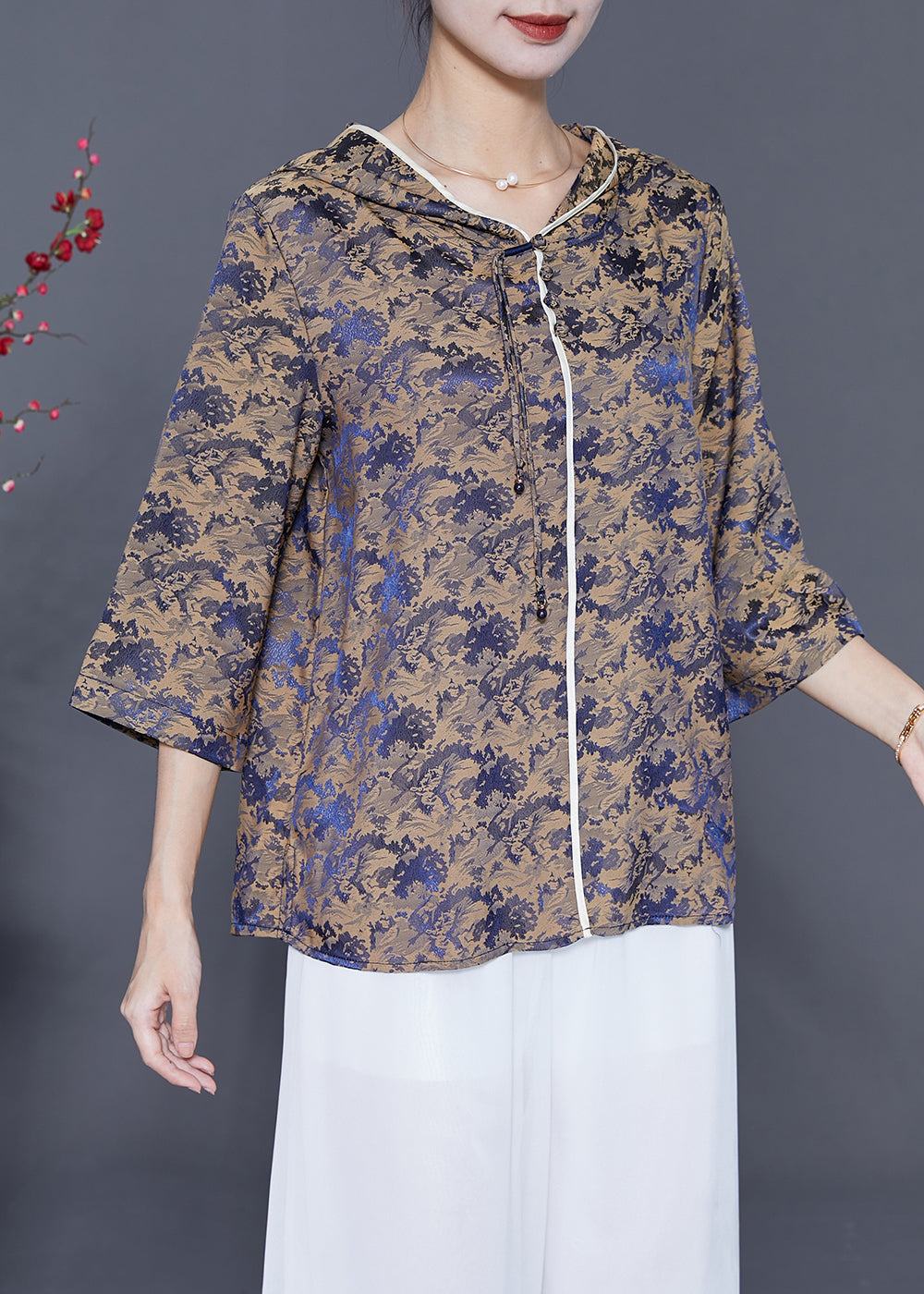 Coffee Print Silk Shirt Top Hooded Oversized Bracelet Sleeve LY5398 - fabuloryshop