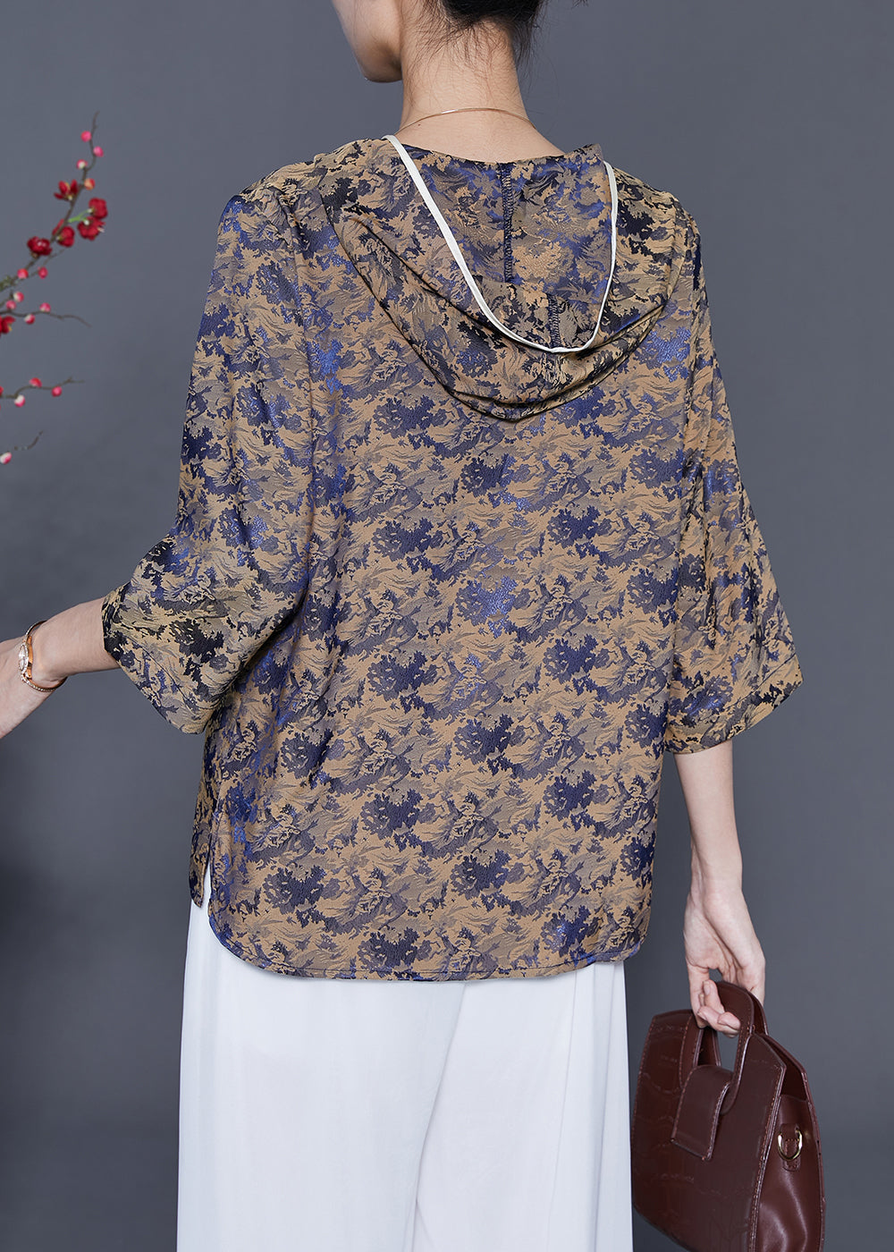 Coffee Print Silk Shirt Top Hooded Oversized Bracelet Sleeve LY5398 - fabuloryshop