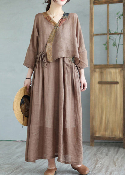 Coffee Print Tie Waist Linen Women Linen Top And Maxi Skirts Half Sleeve LY2957 - fabuloryshop