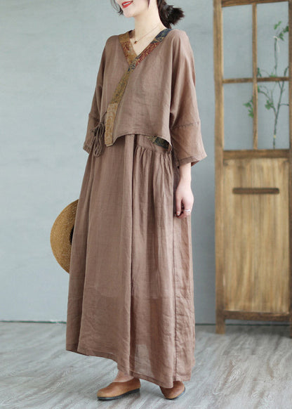 Coffee Print Tie Waist Linen Women Linen Top And Maxi Skirts Half Sleeve LY2957 - fabuloryshop