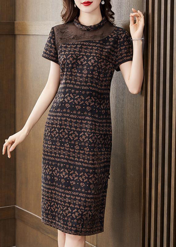 Coffee Side Open Silk Dresses Peter Pan Collar Short Sleeve LY2235 - fabuloryshop