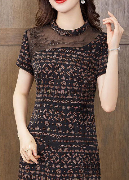 Coffee Side Open Silk Dresses Peter Pan Collar Short Sleeve LY2235 - fabuloryshop