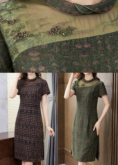 Coffee Side Open Silk Dresses Peter Pan Collar Short Sleeve LY2235 - fabuloryshop