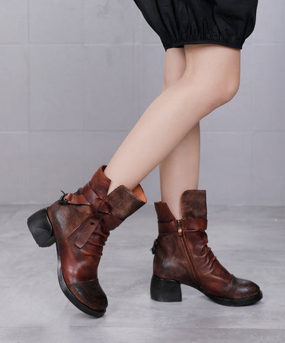 Coffee Splicing Handmade Cowhide Leather Chunky Boots Ada Fashion