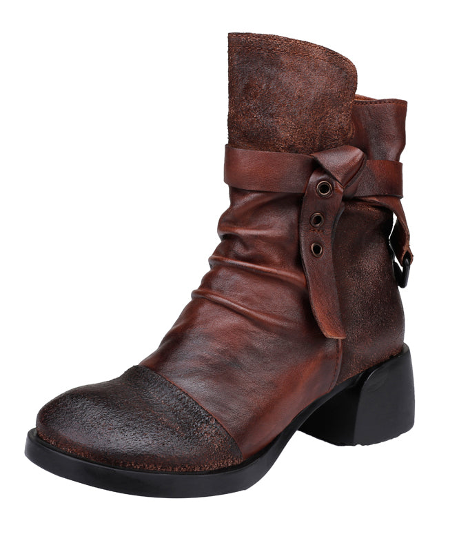 Coffee Splicing Handmade Cowhide Leather Chunky Boots Ada Fashion