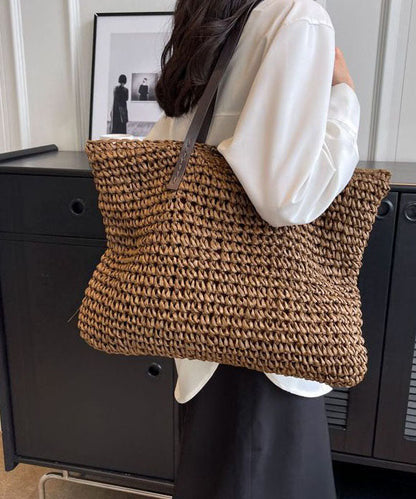 Coffee Straw Woven Satchel Bag Handbagdbag Patchwork Zip Up LY1385 - fabuloryshop