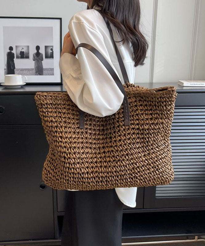 Coffee Straw Woven Satchel Bag Handbagdbag Patchwork Zip Up LY1385