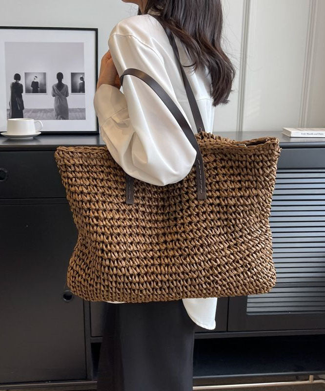 Coffee Straw Woven Satchel Bag Handbagdbag Patchwork Zip Up LY1385 - fabuloryshop