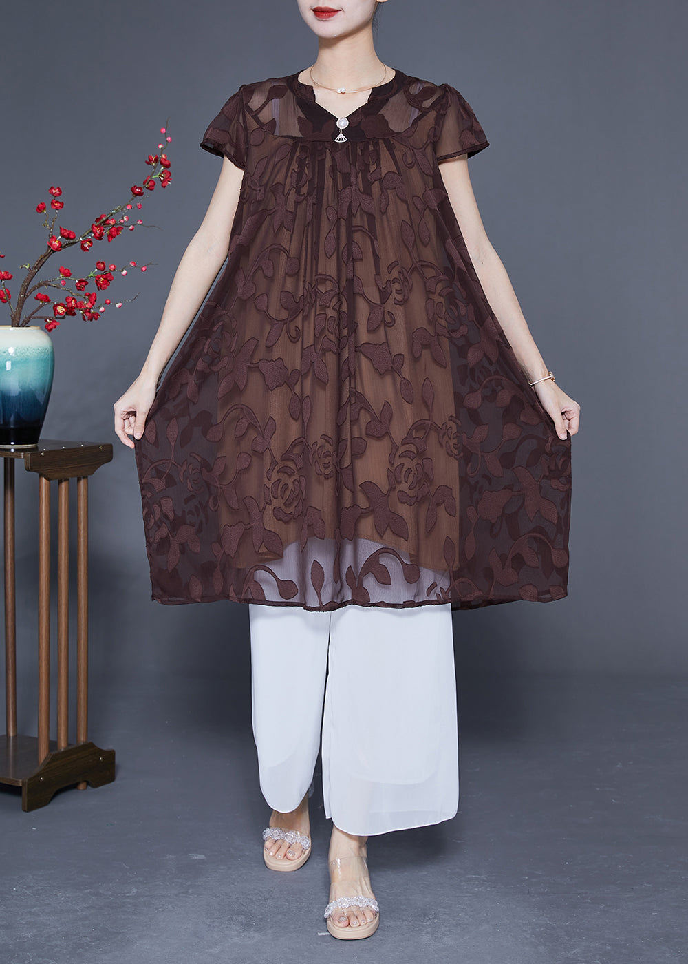 Coffee Tulle Holiday Dress V Neck Embroideried Summer LY2871