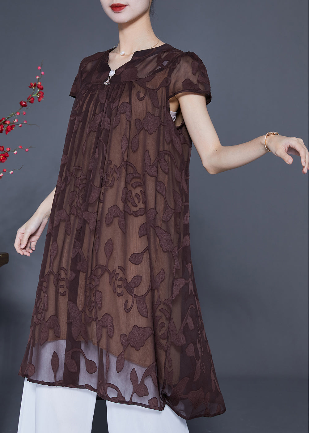 Coffee Tulle Holiday Dress V Neck Embroideried Summer LY2871 - fabuloryshop