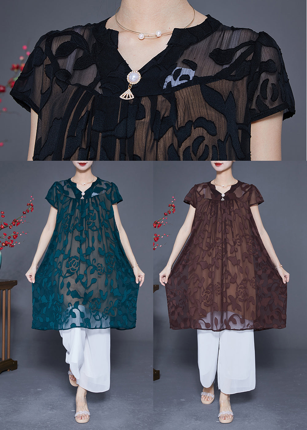 Coffee Tulle Holiday Dress V Neck Embroideried Summer LY2871