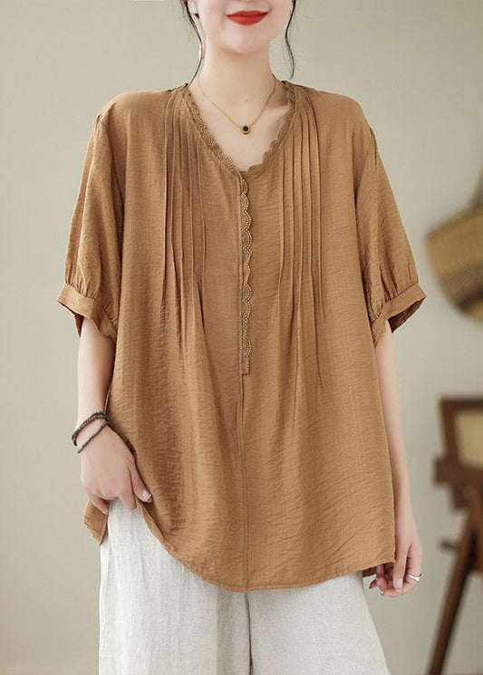 Coffee V Neck Wrinkled Linen Top Summer LY4010 - fabuloryshop