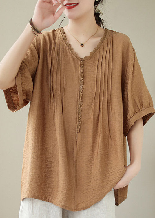 Coffee V Neck Wrinkled Linen Top Summer LY4010 - fabuloryshop