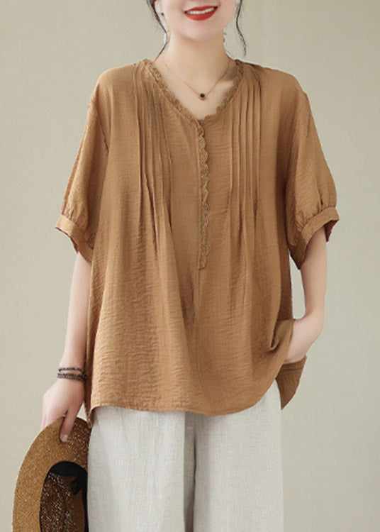 Coffee V Neck Wrinkled Linen Top Summer LY4010 - fabuloryshop