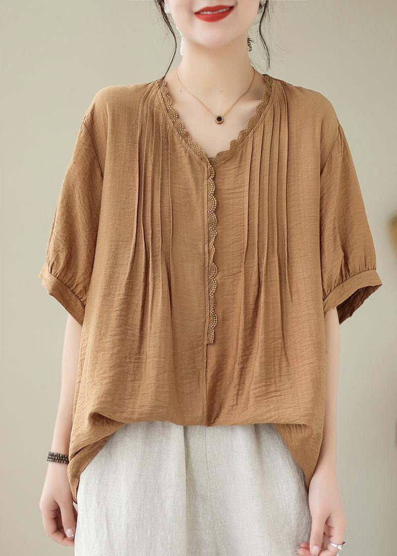 Coffee V Neck Wrinkled Linen Top Summer LY4010 - fabuloryshop