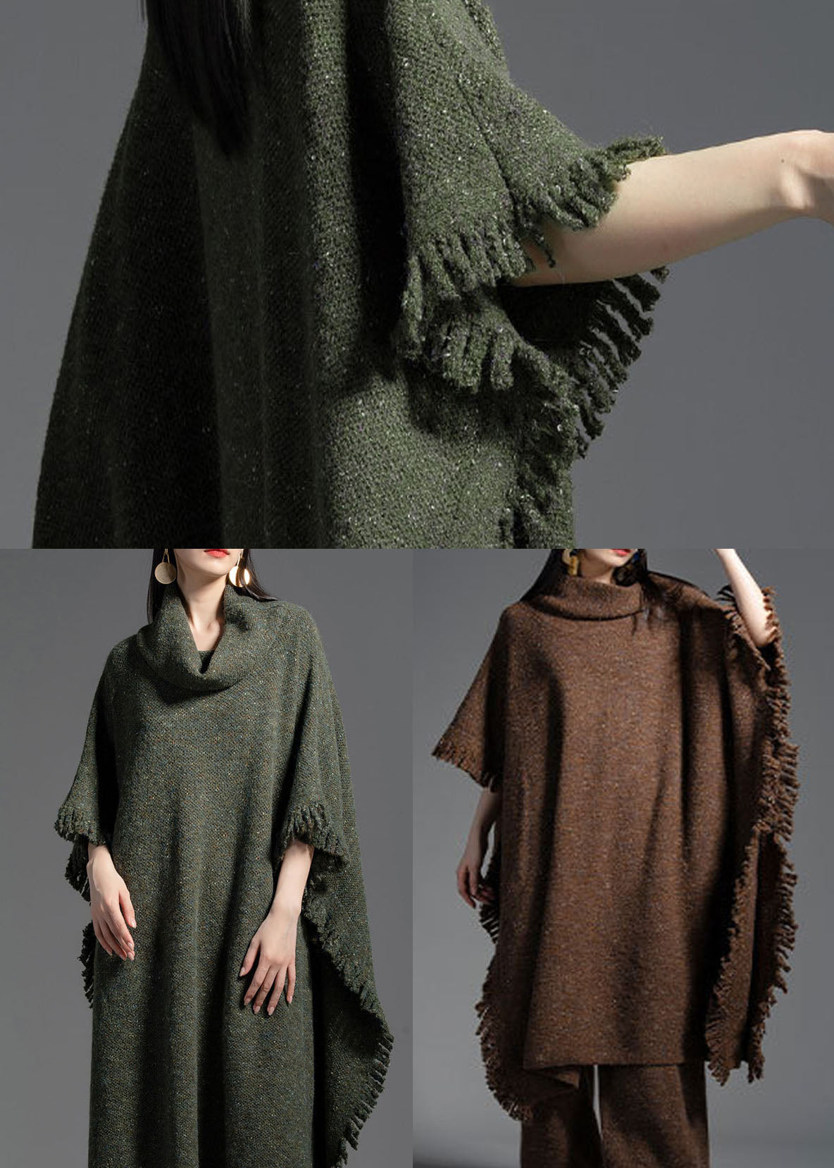 Coffee Wool Knit Dress Turtle Neck Tasseled Half Sleeve LY0016 - fabuloryshop