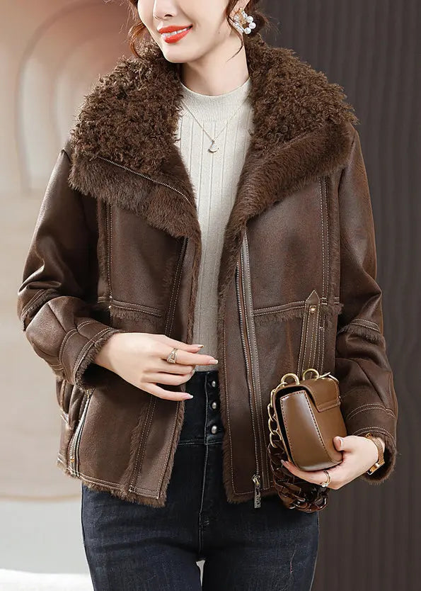 Coffee Zip Up Patchwork Fuzzy Fur Coats Fur Collar Long Sleeve Ada Fashion