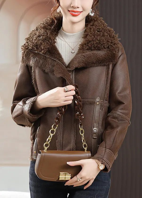 Coffee Zip Up Patchwork Fuzzy Fur Coats Fur Collar Long Sleeve Ada Fashion