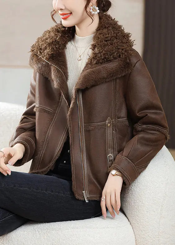 Coffee Zip Up Patchwork Fuzzy Fur Coats Fur Collar Long Sleeve Ada Fashion