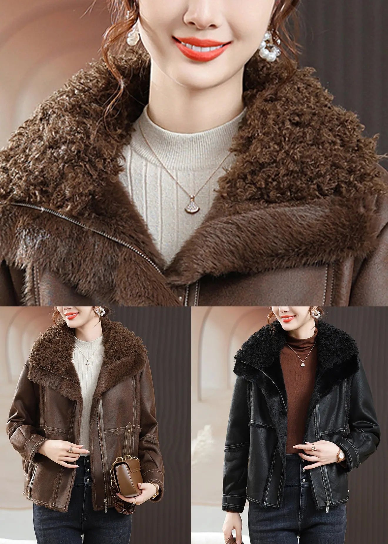 Coffee Zip Up Patchwork Fuzzy Fur Coats Fur Collar Long Sleeve Ada Fashion