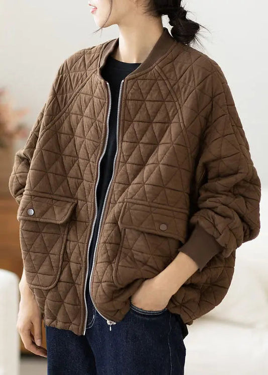 Coffee Zippered Cozy Warm Jacket Long Sleeve Ada Fashion