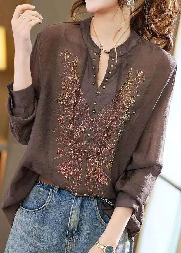 Coffee Zircon Patchwork Loose Chiffon Shirts Top V Neck Fall Ada Fashion