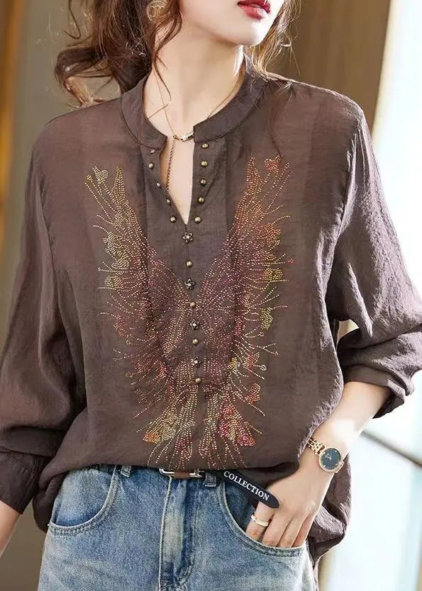 Coffee Zircon Patchwork Loose Chiffon Shirts Top V Neck Fall Ada Fashion