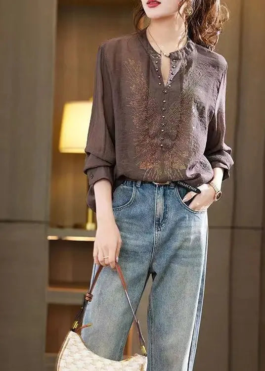 Coffee Zircon Patchwork Loose Chiffon Shirts Top V Neck Fall Ada Fashion