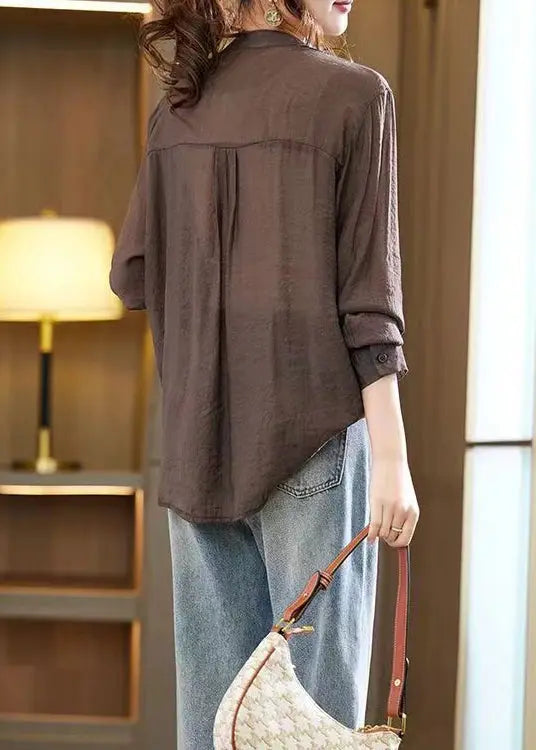 Coffee Zircon Patchwork Loose Chiffon Shirts Top V Neck Fall Ada Fashion