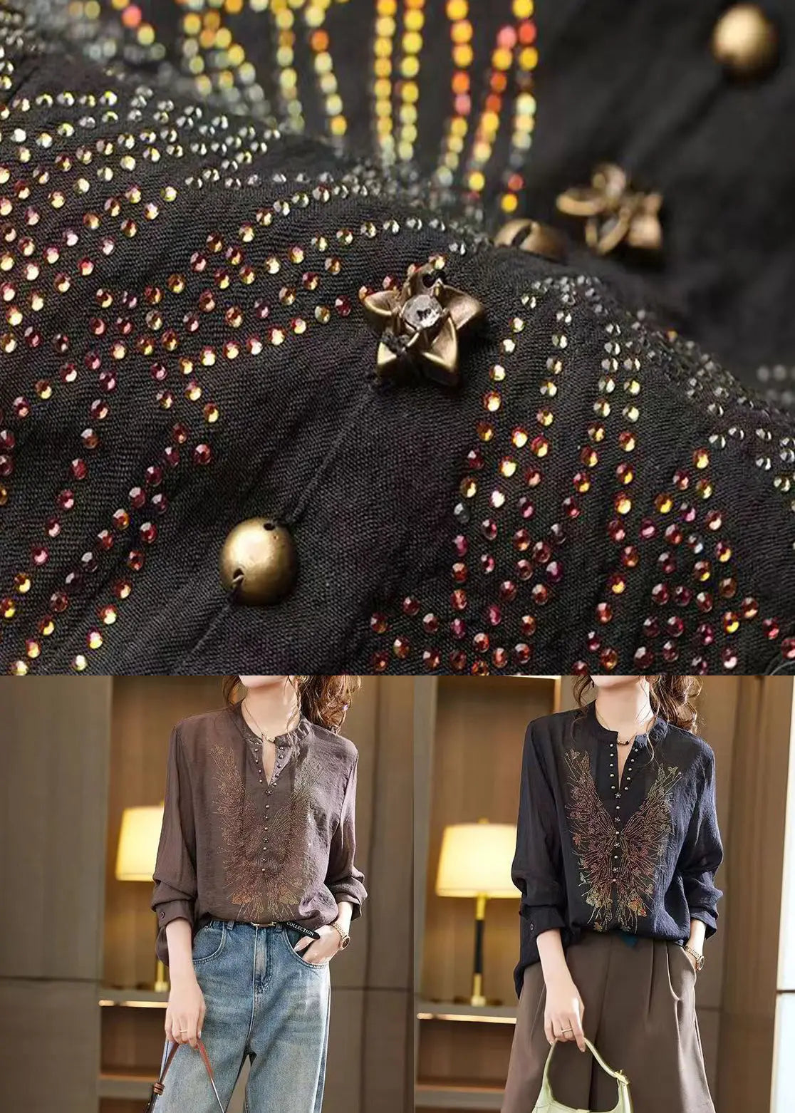 Coffee Zircon Patchwork Loose Chiffon Shirts Top V Neck Fall Ada Fashion