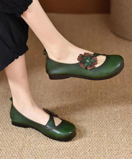 Cowhide Leather Floral Splicing Green Flat Shoes
