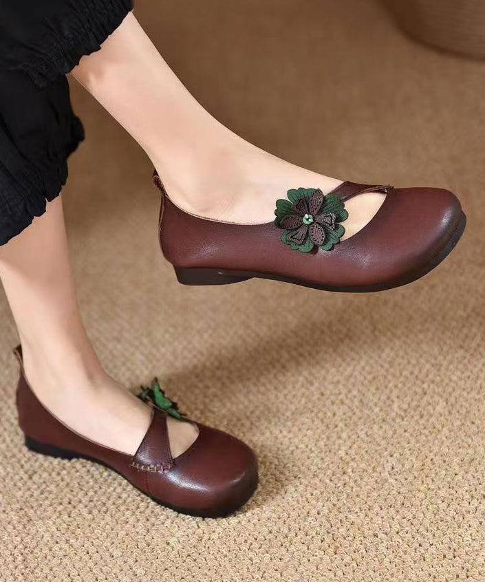 Cowhide Leather Floral Splicing Green Flat Shoes