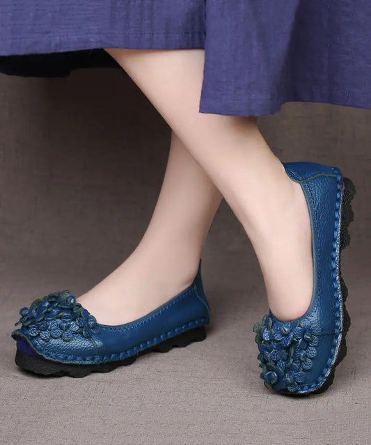 Comfortable Floral Splicing Flat Shoes Blue Cowhide Leather Ada Fashion