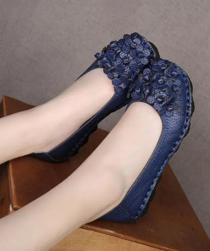 Comfortable Floral Splicing Flat Shoes Blue Cowhide Leather Ada Fashion