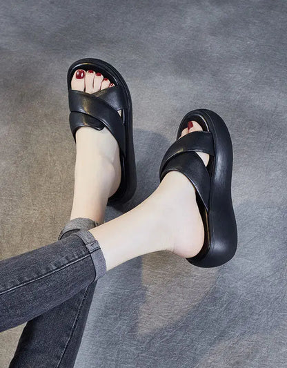 Comfortable Leather Cross Strap Wedge Slippers Ada Fashion