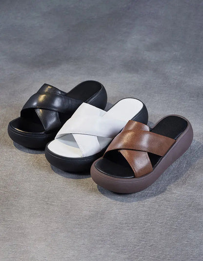 Comfortable Leather Cross Strap Wedge Slippers Ada Fashion